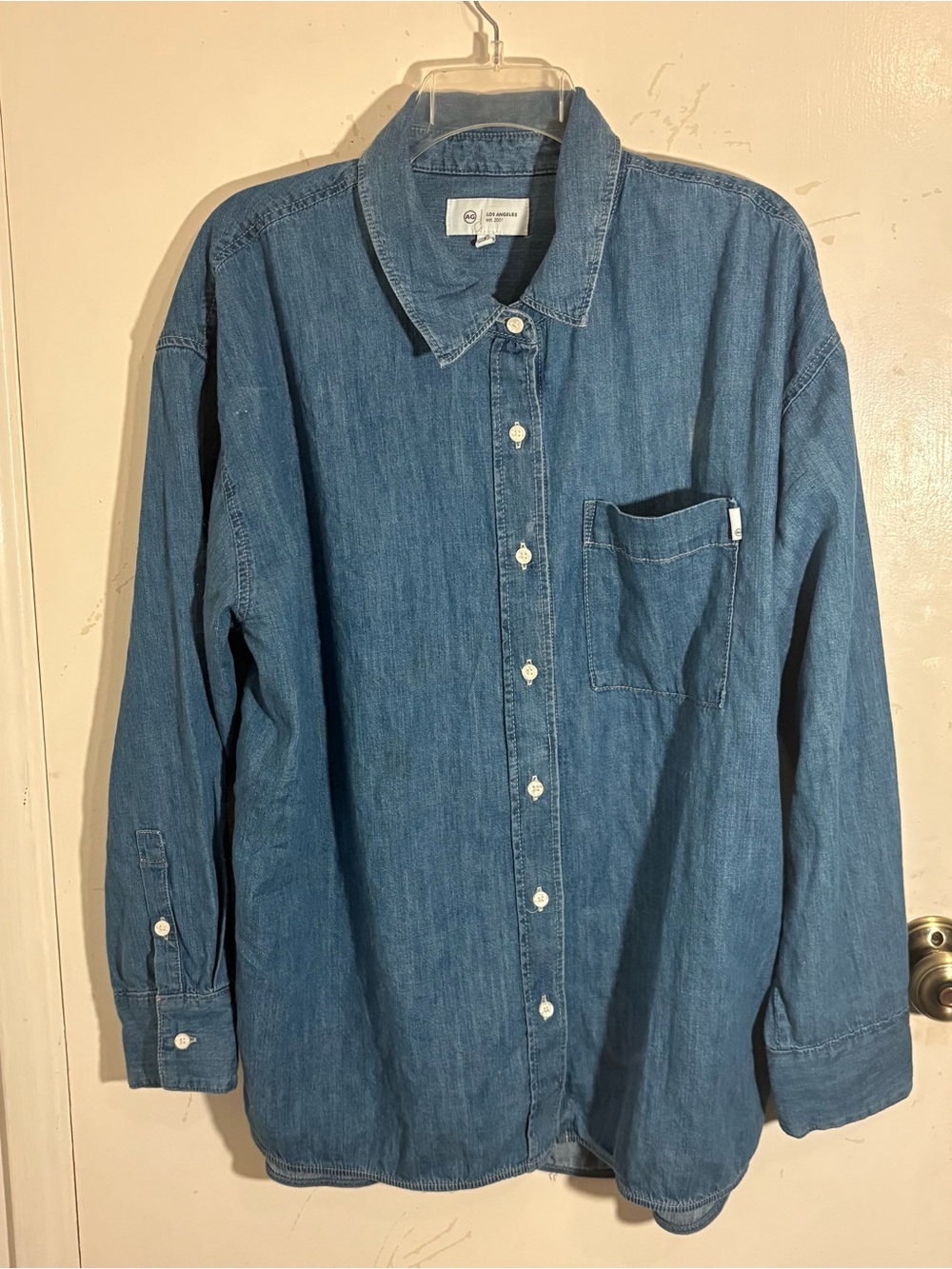 Adriano Goldschmied Men's Blue Denim Collared Button-Up Shirt with Breast Pocket